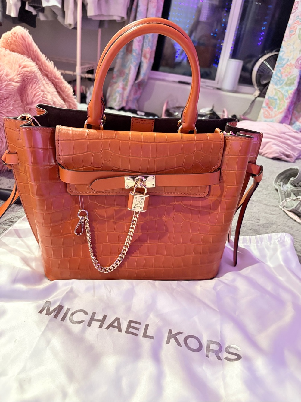 Michael Kors Croc-Embossed Satchel in Orange